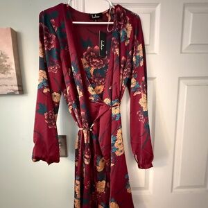 Love is Life Wine Red Floral Print Satin Wrap Dress